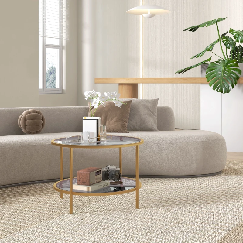 HOMCOM Beistelltisch, modernes Design, 2 Etagen, Ø60x43H cm, Goldton