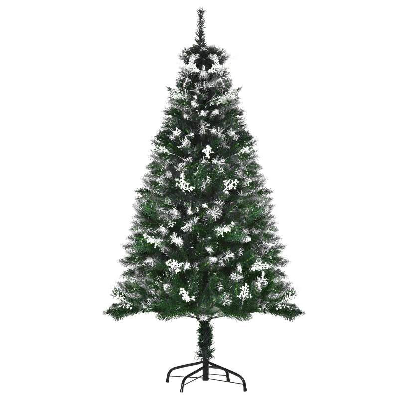 HOMCOM Albero di Natale Innevato 150cm con Bacche Decorative Bianche, Base Rimovibile Pieghevole, 378 Rami, Verde