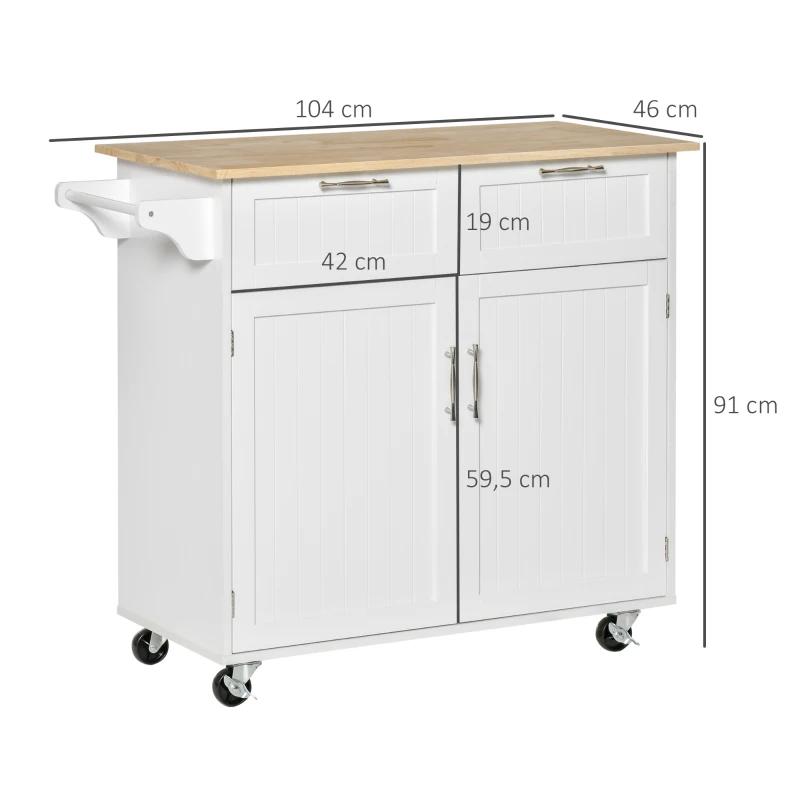 HOMCOM Mueble Auxiliar de Cocina con Ruedas 2 Cajones 2 Puertas Estante Ajustable y Toallero 104x46x91 cm Blanco