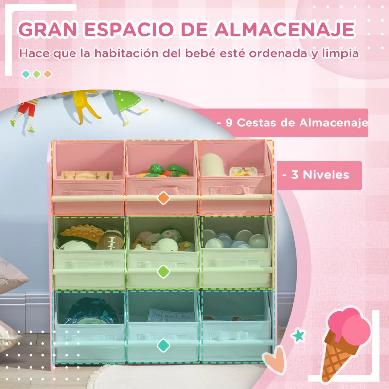 ZONEKIZ Organizador de Juguetes con 9 Cajas de Tela no Tejida Extraíbles para Dormitorio Guardería 63x30x60 cm Rosa