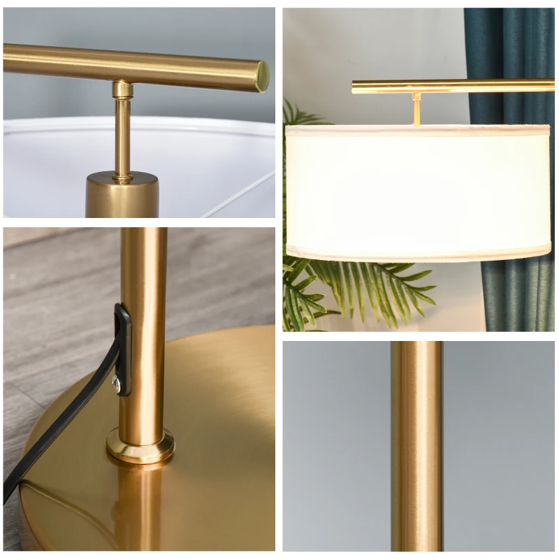 HOMCOM Lampada da Terra Moderna in Metallo e Paralume in Tessuto, Lampada da Lettura E27 47x37x153cm, Oro e Bianco