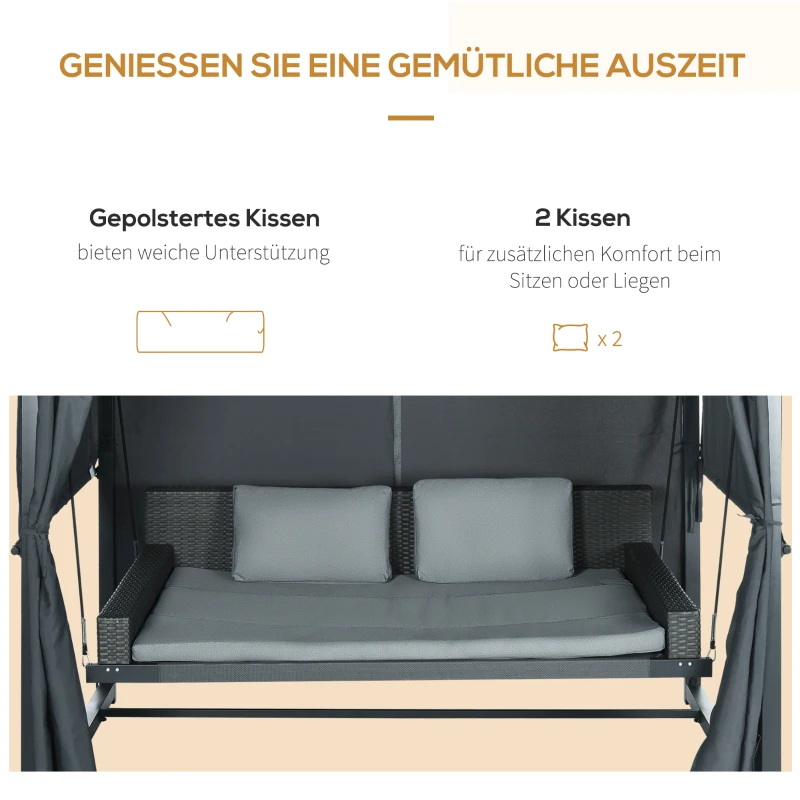 Outsunny Outdoor-Schaukelbett aus PE-Rattan mit Baldachin, inkl. Kissen, wetterbeständig, 235 cm x 180 cm x 210 cm, Grau