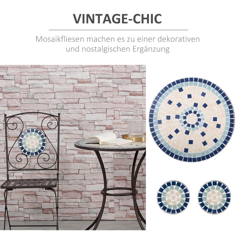 Outsunny Bistro-Set für 2 Personen im Nostalgie-Design, Mosaiksteine, wetterbeständig, Mehrfarbig