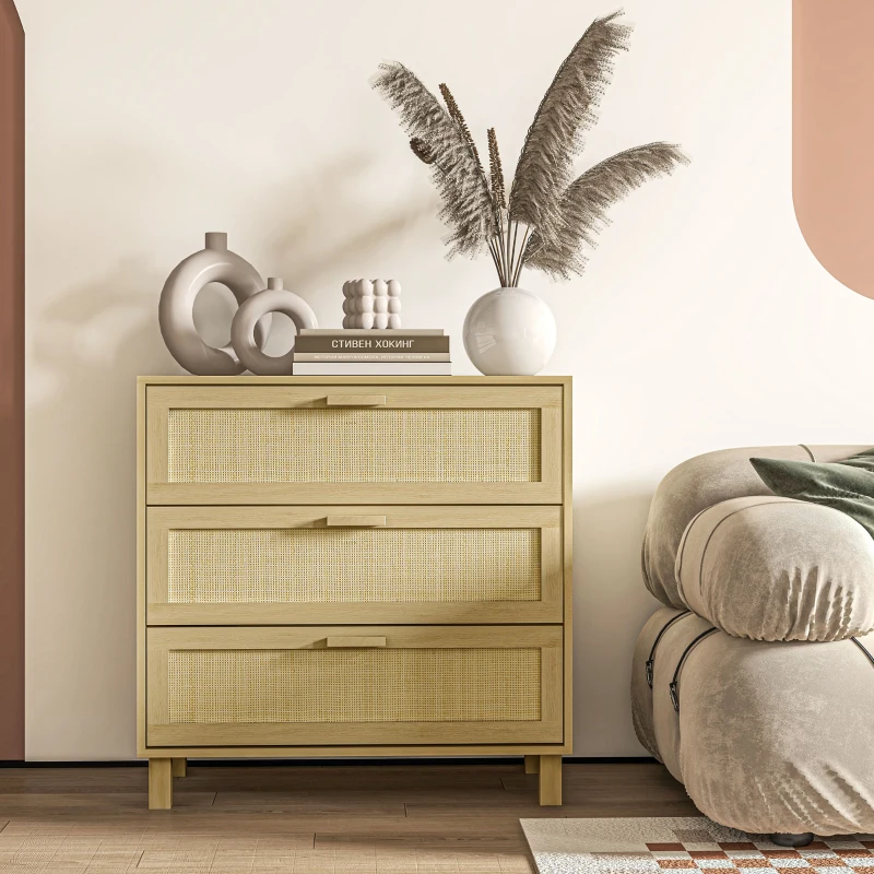 HOMCOM Kommode, Sideboard, Rattandekor, 3 Schubladen, robust, 80x40x80cm, Holzoptik