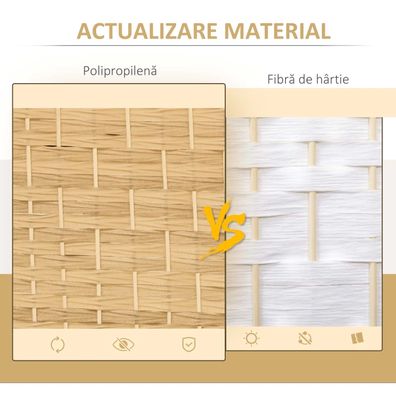HOMCOM Paravan Interior Pliabil cu 3 Panouri Împletit din PP și Lemn de Pin, 135x1,7x180 cm, Lemn Natural