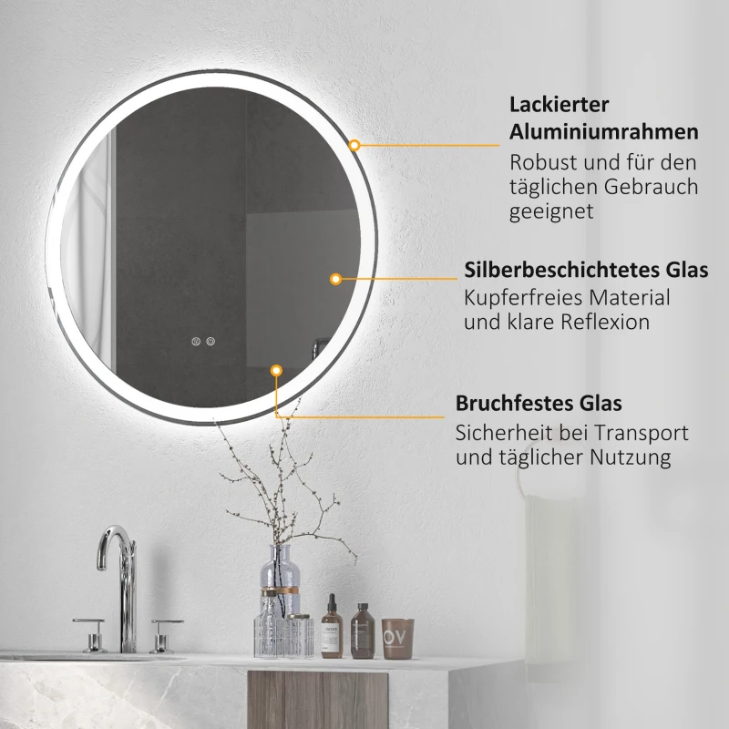 kleankin Badezimmerspiegel Badspiegel Wandspiegel, Antibeschlagsfunktion, LED-Licht, Ø80 x 3,3 cm, Weiß + Silber