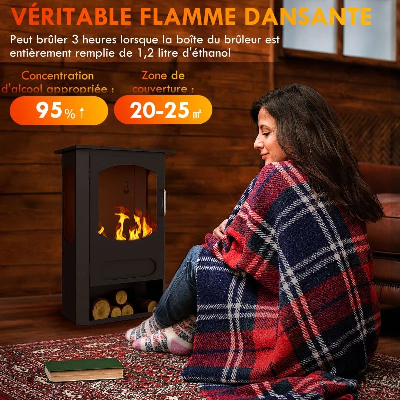 HOMCOM Cheminée à l'éthanol sur pieds réservoir 1,2L environ 3h de durée de combustion couverture 20-25 m² 43 x 25 x 68 cm noir(m-4)
