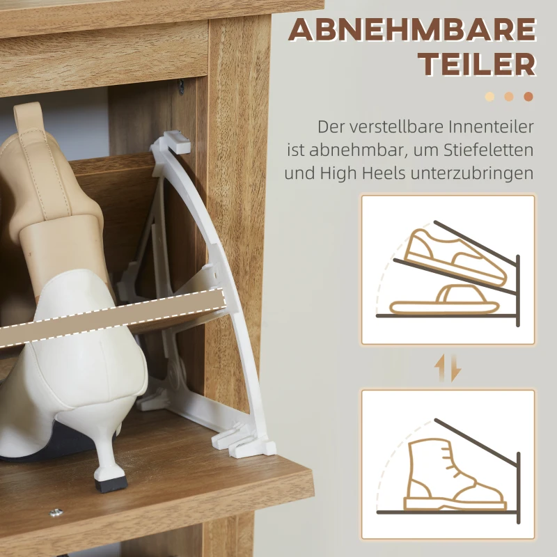HOMCOM Schuhschrank, bis 18 Schuhpaare, 3 Kippfächer, Rattandekor, Naturholzoptik, 80 x 23,5 x 121,5cm