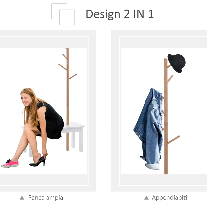 HOMCOM Panca con Appendiabiti da Ingresso, Attaccapanni da Terra in Bambù, Panca da Ingresso Bianca, Design, anche per Camera da Letto, 80x30x180cm, Bianco Legno