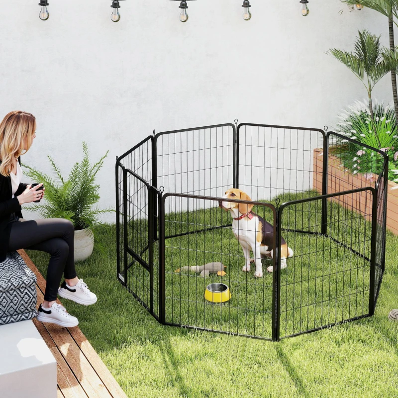 PawHut Eight-Panel Dog Playpen with Door, for Large Dogs, Indoors, Outdoors, 80cm Tall, Black