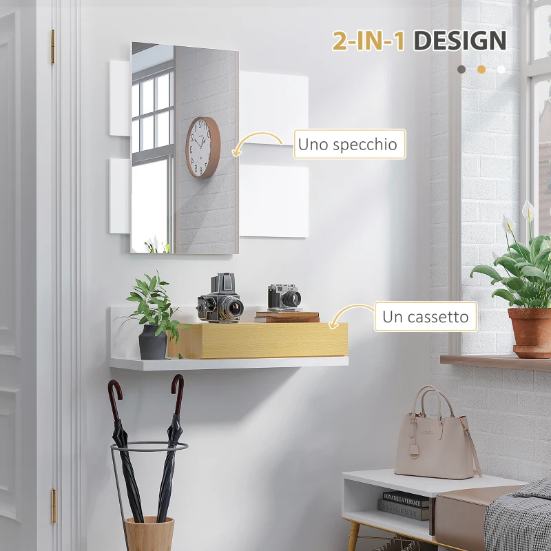 HOMCOM Set Mobili da Ingresso con Specchio 40x70cm e Cassetto in Legno con Fissaggio a Muro