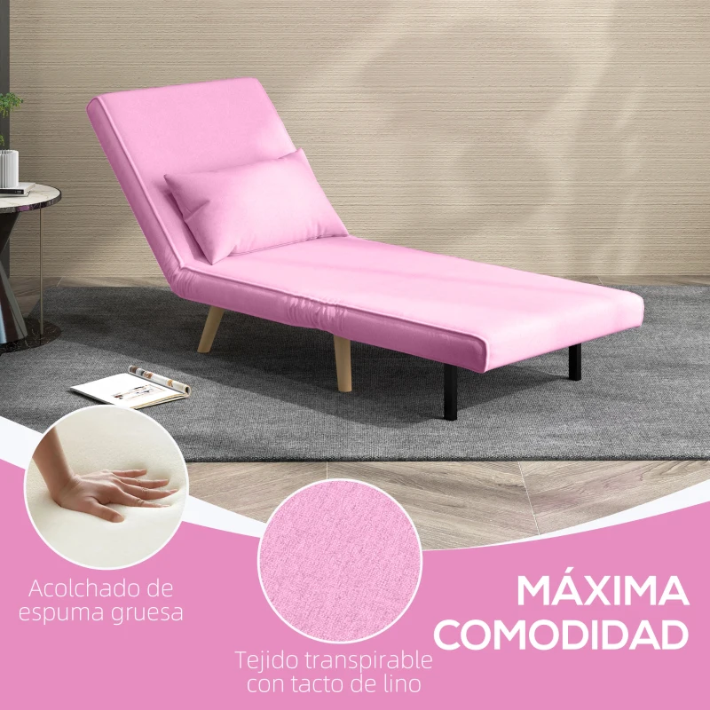 HOMCOM Sofá Cama Individual Tapizado en Lino con Respaldo Ajustable en 5 Posiciones y Almohada 72x75x85 cm Rosa(m-6)
