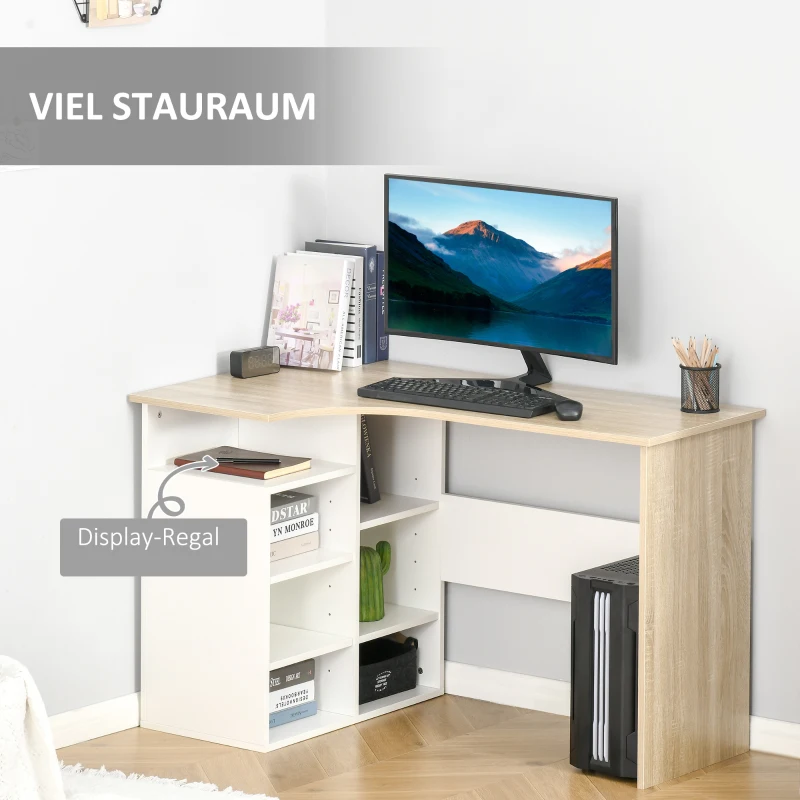 HOMCOM Eckschreibtisch Winkelschreibtisch PC-Tisch Computertisch Bürotisch mit Regal und Schublade L-Form Spanplatte Weiß+Eiche 120 x 70 x 75 cm