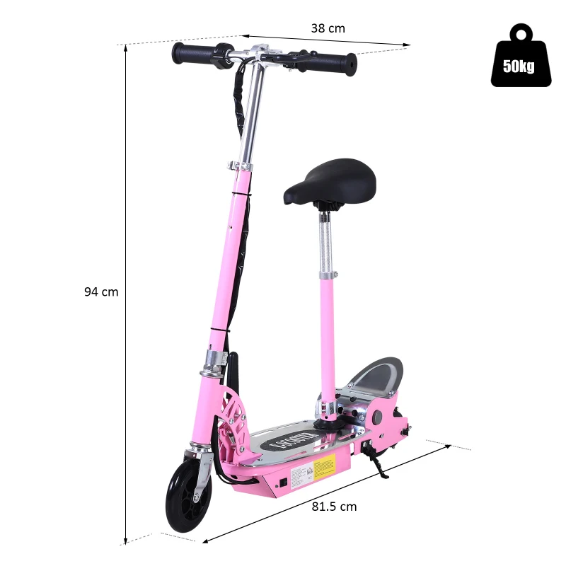 HOMCOM Monopattino Elettrico Pieghevole con Sella, 2 Ruote e Manubrio Regolabile, Bambini 7-12 Anni, 75x37x98cm, Rosa
