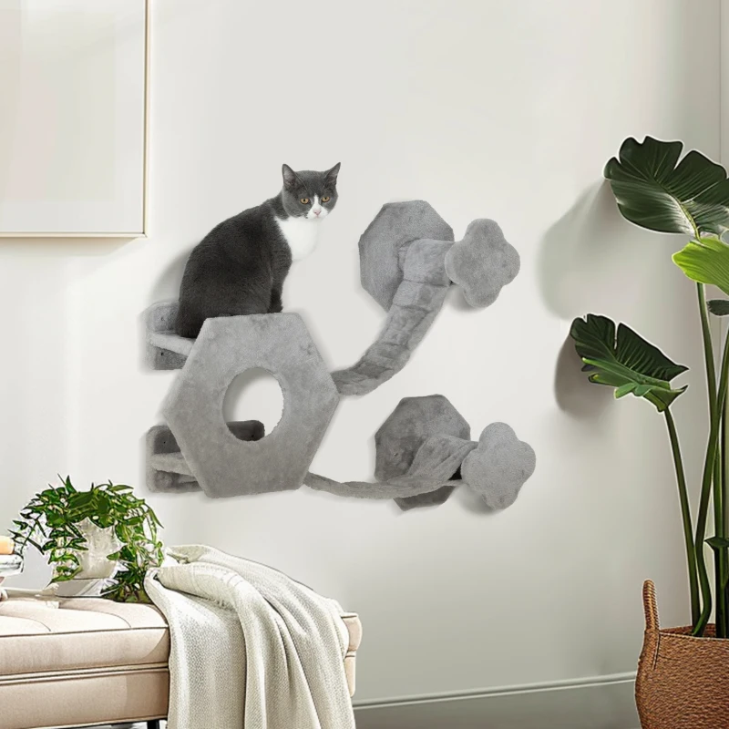 PawHut Katzen Kletterwand, inkl. Katzenhaus, Leitern, Spielball, platzsparend, Hellgrau