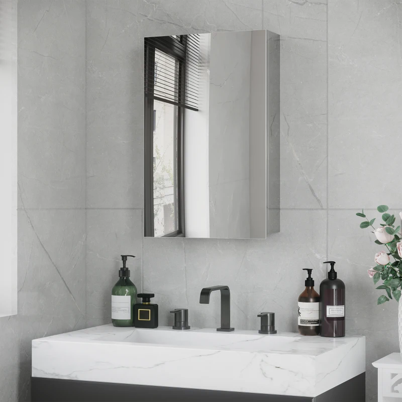 kleankin Armario de Baño con Espejo Armario de Pared con 3 Estantes de Almacenamiento para Ducha Aseo 39x12x60 cm Plata