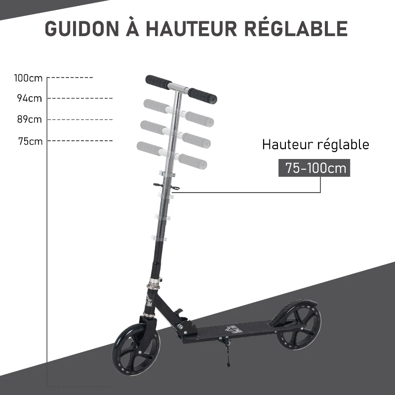 HOMCOM Trottinette Pliable Hauteur Guidon réglable sur 4 Niveaux système de freinage arrière pour enfant adolescent pois max. 100KG dim. 88L x 37l x 75-100H cm Noir