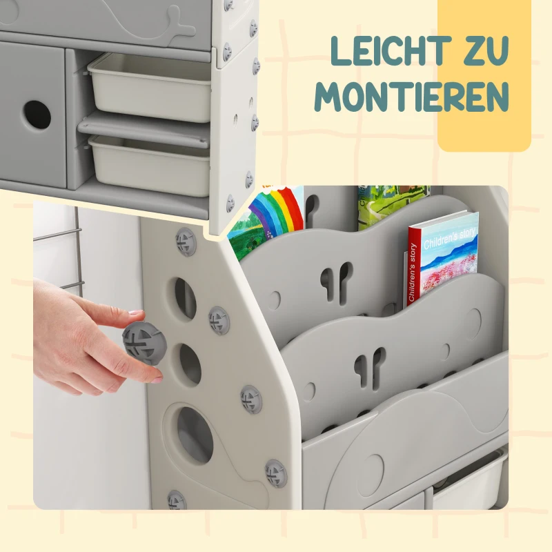 AIYAPLAY Kinderschrank, 4 Regalböden, 2 Aufbewahrungsboxen, HDPE, 67x29x98cm, Hellgrau