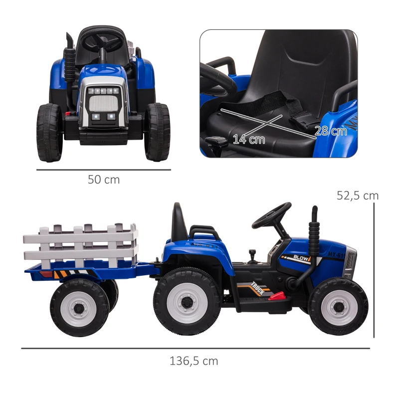 HOMCOM Kinder-Elektroauto mit Anhänger, Fernbedienung, Scheinwerfer, 3-6 km/h, für 3-6 Jahre, Blau(m-3)