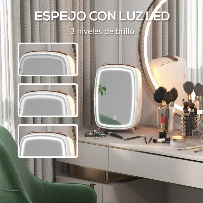 HOMCOM Nevera para Cosméticos Pequeña con 6L Capacidad con Puerta con Espejo y Luces LED Ajustables 24,3x19,4x35,6 cm Blanco