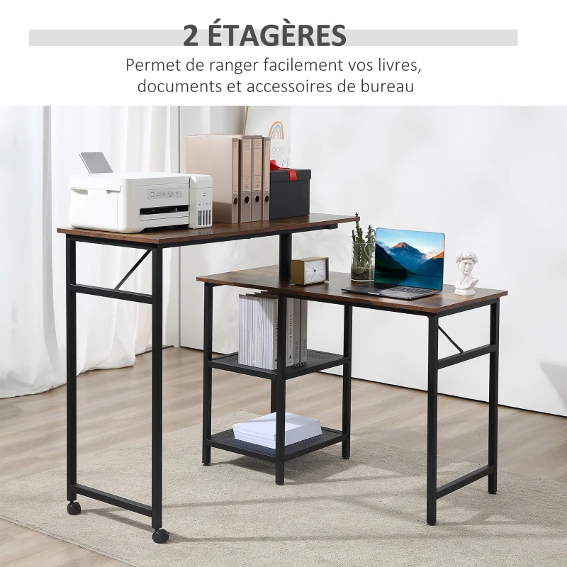 HOMCOM Bureau Informatique Design Industriel modulable Bureau d'angle 2 étagères Aspect Vieux Bois métal Noir