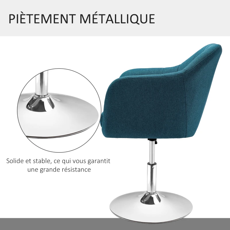 HOMCOM Fauteuil de salon chaise relax fauteuil de chambre grand confort - coussins lombaires hauteur réglable pivotant 360° piètement en métal chromé - bleu canard