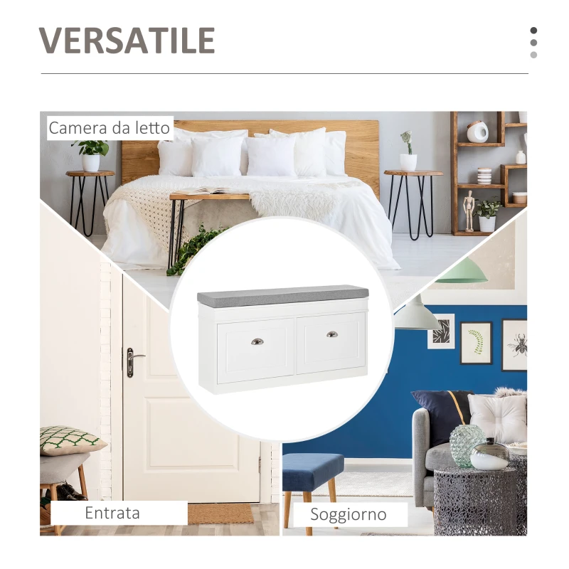HOMCOM Panca Scarpiera Salvaspazio in Legno con Cuscino, 2 Cassetti con Mensola Regolabile per 8 Scarpe, 104x24x55cm, Bianco