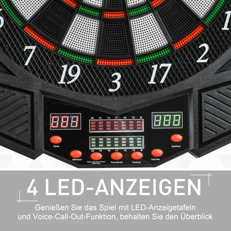 SPORTNOW Elektronische Dartscheibe Dartboard mit Sprachansagen Englische Stimme LED-Anzeigen 12 Darts 27 Spiele 216 Varianten Dartautomat mit Türen Dartscheibe Set für bis zu 8 Spieler
