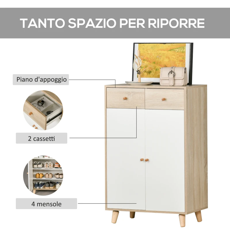 HOMCOM Mobile Scarpiera Salvaspazio per 12 Scarpe, Armadietto con 4 Mensole e 2 Cassetti, 68x35x102.5 cm, Color Legno e Bianco