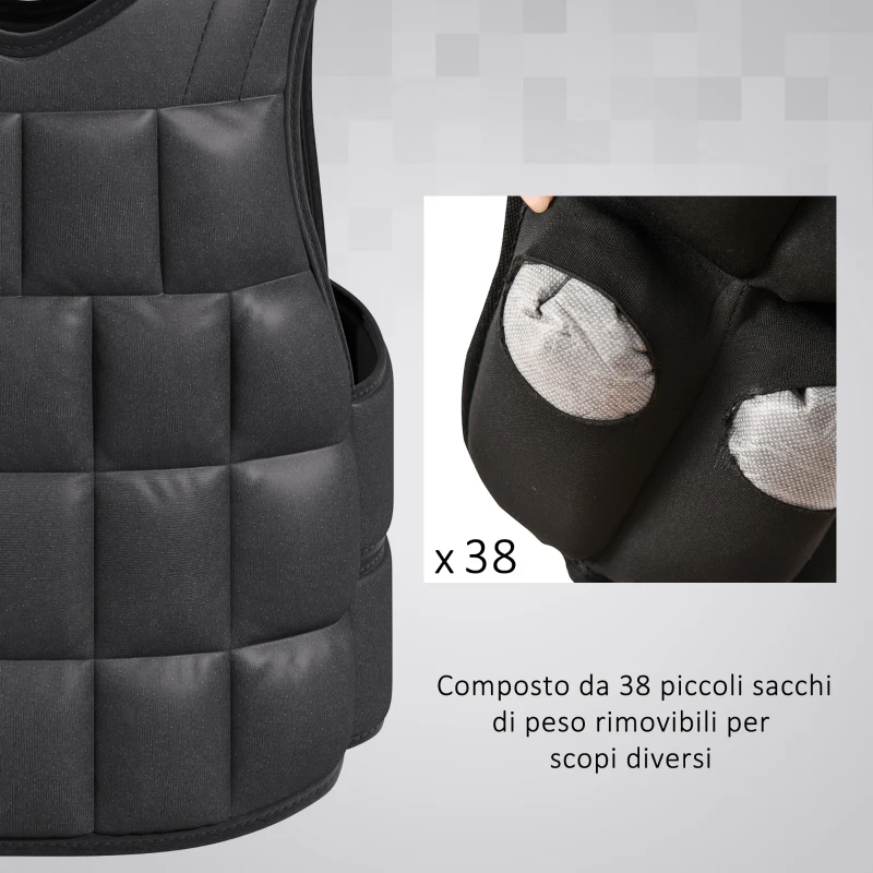 HOMCOM Giubbotto Zavorrato 20kg Unisex 38 Pesi Singoli, Imbottitura, Chiusure con Velcro, Nero