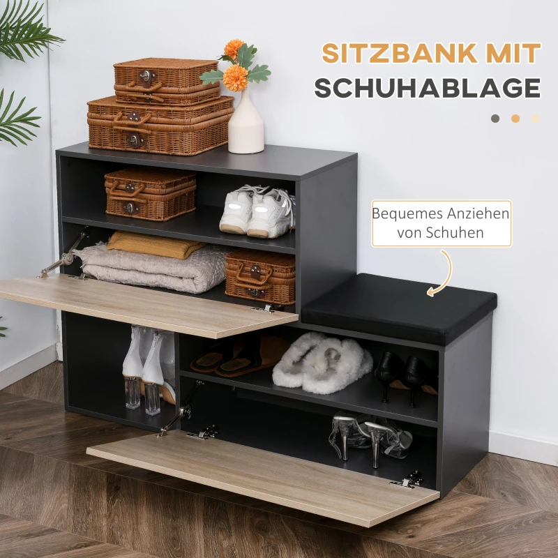HOMCOM 4-in-1 Garderobe inkl. Schuhbank und Wandregal 120 cm x 32 cm x 78 cm Schwarz + Natur