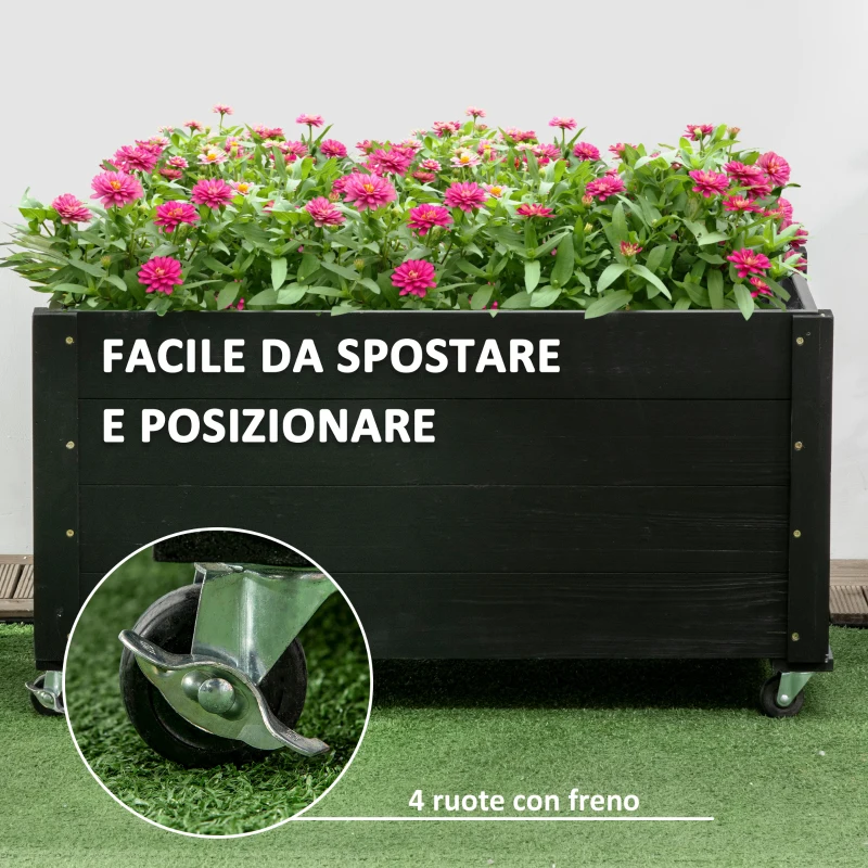 Outsunny Fioriera da Giardino con Foro di Drenaggio e Rotelle, in Legno di Abete, 89x48x47 cm, Nera