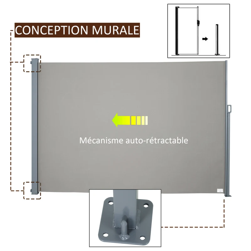 Outsunny Store latéral brise-vue rétractable 300 x 160 cm, paravent extérieur en aluminium, protection solaire, brise-vue extensible pour balcon, jardin, terrasse, gris