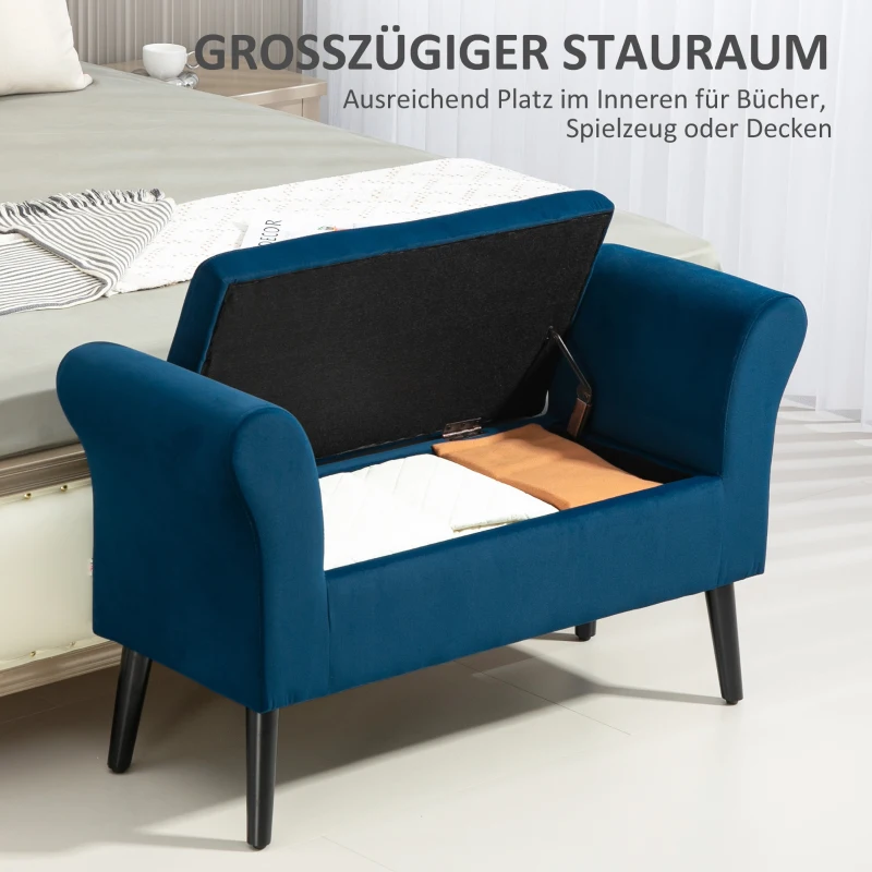 HOMCOM Polsterbank mit Stauraum, Truhenbank mit Armlehnen, 46 cm Sitzhöhe, samtartiges Polyester, 111,5 x 41 x 65 cm, Blau
