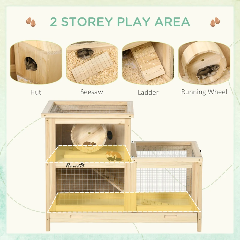 PawHut Wooden Hamster Cage with Sliding Tray, 2 Tiers Gerbil Cage Mice Rodent Small Animal Hutch with Run Area, Openable Roofs, Ramp, Seesaw, Running Wheel, 78 x 41.5 x 60 - Natural