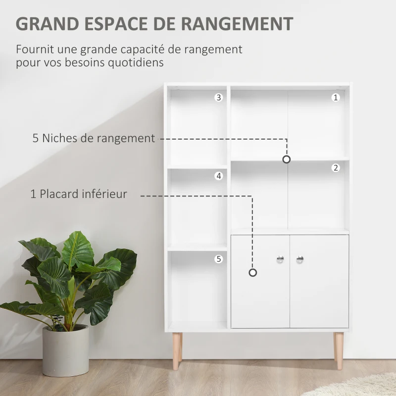 HOMCOM Bibliothèque scandinave meuble de rangement dim. 80L x 23,5l x 123H cm 5 niches placard 2 portes pieds effilés inclinés bois massif panneaux particules blanc