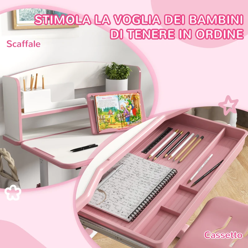 ZONEKIZ Set Scrivania per Bambini con Sedia Regolabile in Altezza e Piano Inclinabile, Età 6-12 Anni, Rosa