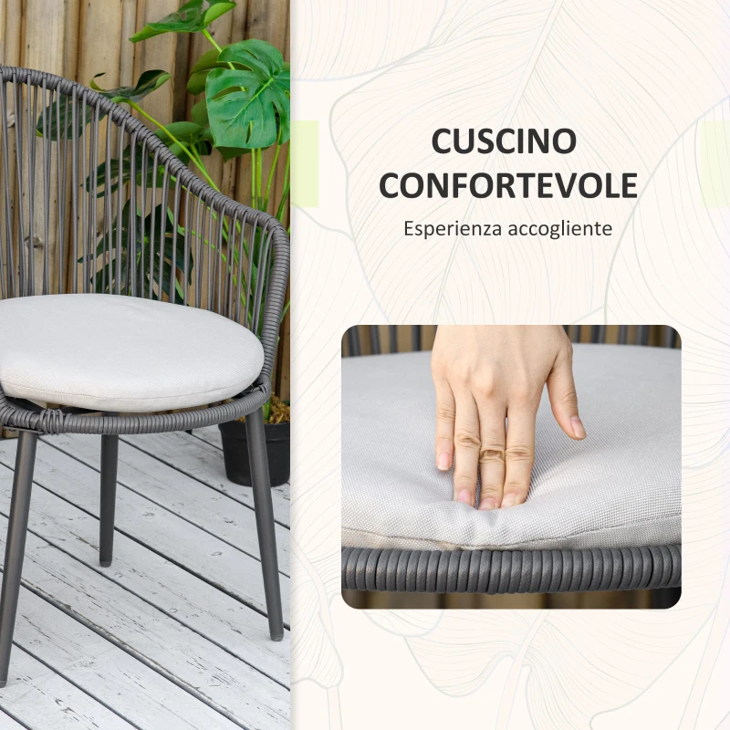 Outsunny Salotto da Giardino in Rattan con 2 Poltroncine con Cuscini e Tavolino da Caffè in Vetro, Grigio
