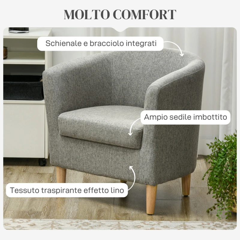 HOMCOM Poltrona Moderna a Pozzetto in Tessuto Effetto Lino con Gambe in Legno, 74x63x73cm, Grigio