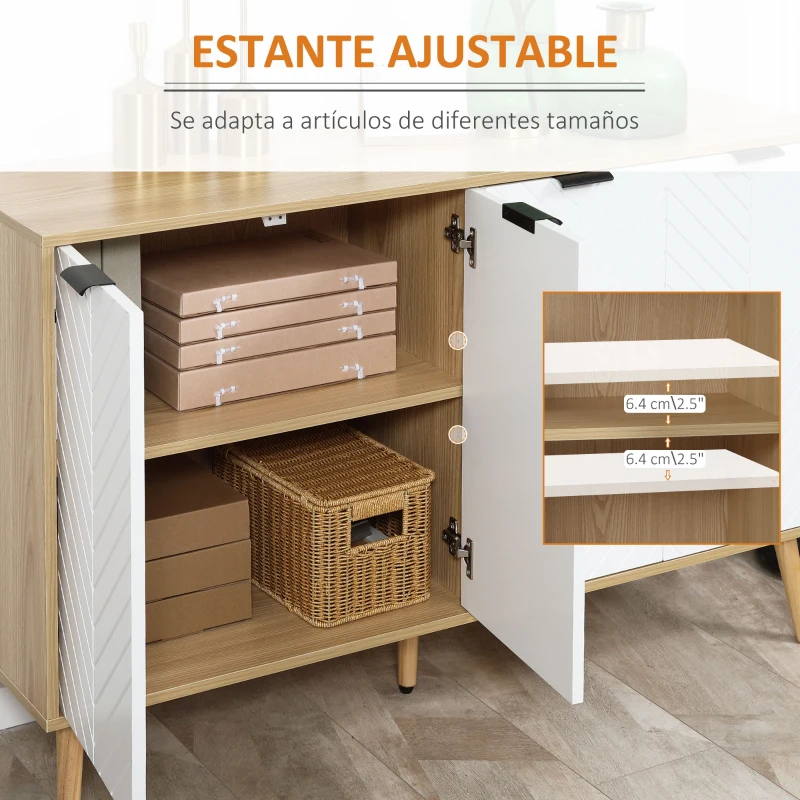 HOMCOM Mueble Buffet Auxiliar con Estantes Ajustables 2 Armarios y Antivuelco Carga 50 kg 120x35x77,4 cm Blanco y Natural(m-6)