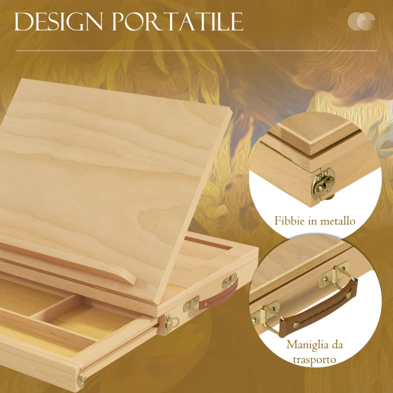 Vinsetto Cavalletto per Pittura Pieghevole in Faggio con Angolazione Regolabile e Cassetto, 33.5x26x26 cm