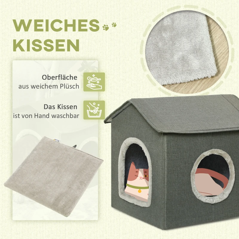 PawHut Katzenhöhle mit Kissen, Katzenbett, Haustier-Reisebett, waschbares Kissen, Khaki/Grün
