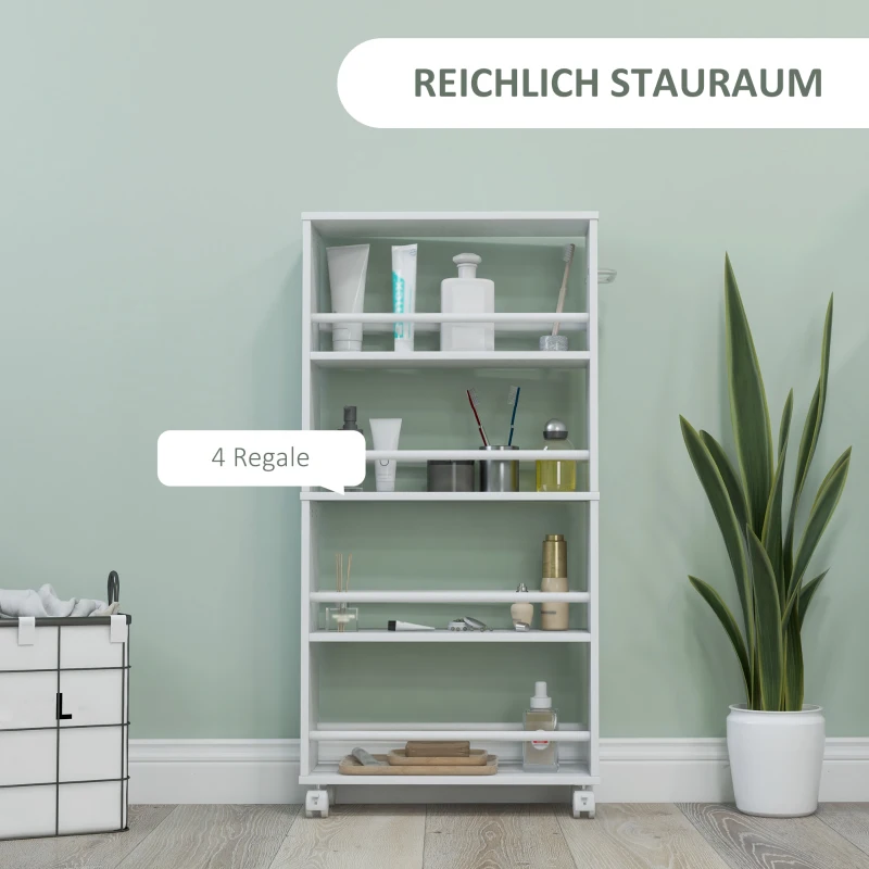 HOMCOM Multifunktionsregal mit Rollen, schmale Bauweise, 4 Fächer, 45x15x91 cm, Weiß