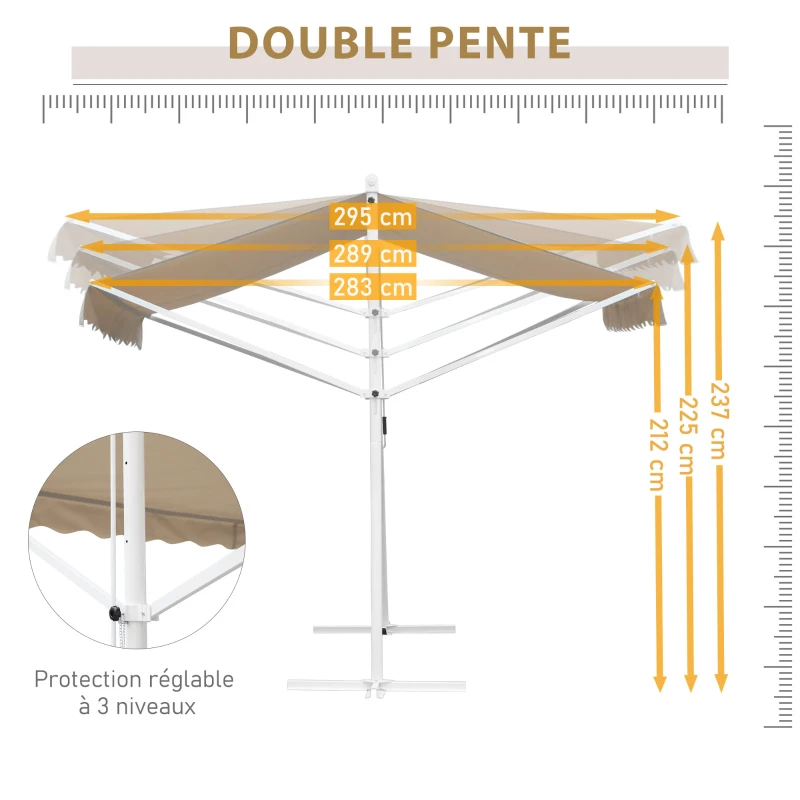 Outsunny Store Double Pente 3 x 3 m Manuel rétractable Inclinaison réglable Acier époxy Blanc Polyester imperméabilisé Anti-UV Beige