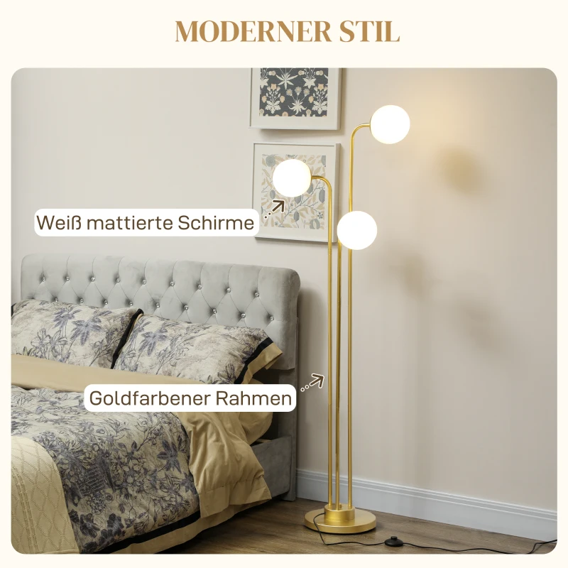 HOMCOM Moderne Stehlampe mit 3 Lampenschirmen, mit Fußschalter, für Wohnzimmer, Schlafzimmer, 3 x E27-Fassung, Goldton