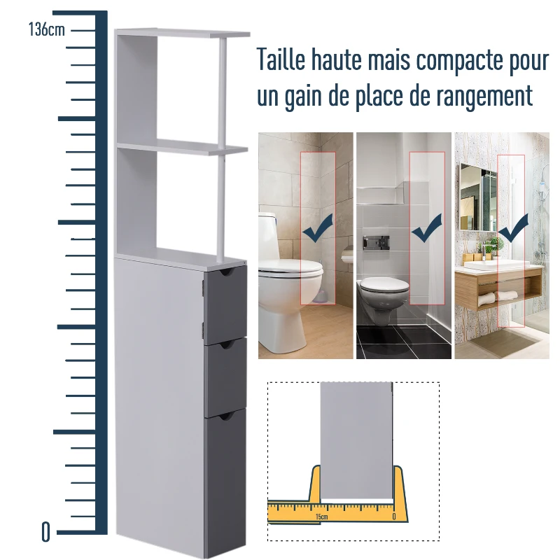 HOMCOM Etagère gain de place WC ou salle de bain 15L x 33l x 136H cm 3 niveaux 2 tiroirs et placard MDF métal blanc gris