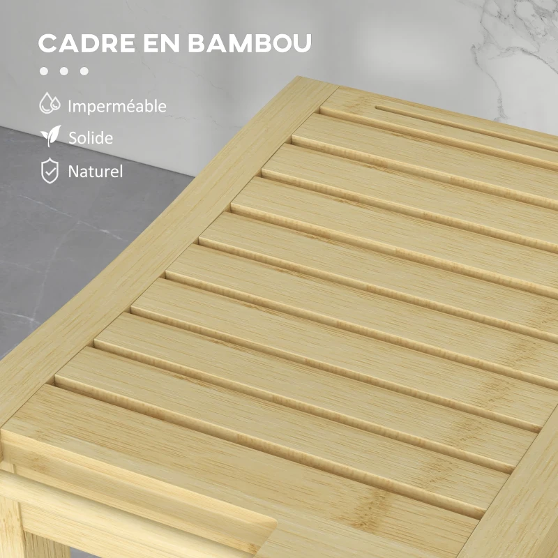 HOMCOM Tabouret banc de douche en bambou avec étagère de rangement, porte-serviettes dim. 42L x 29l x 43H cm, naturel