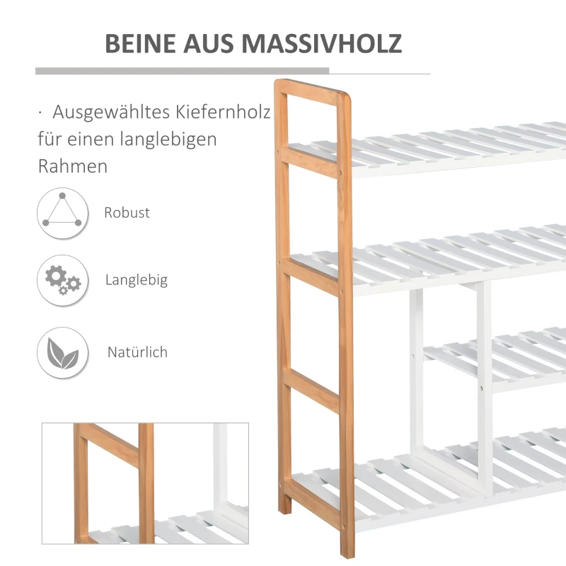HOMCOM Schuhregal aus Kiefer, Schuhablage mit 4 Ablagen, Regal für Schuhe Stiefel, Schuhständer, Weiß, 68 x 26 x 78 cm