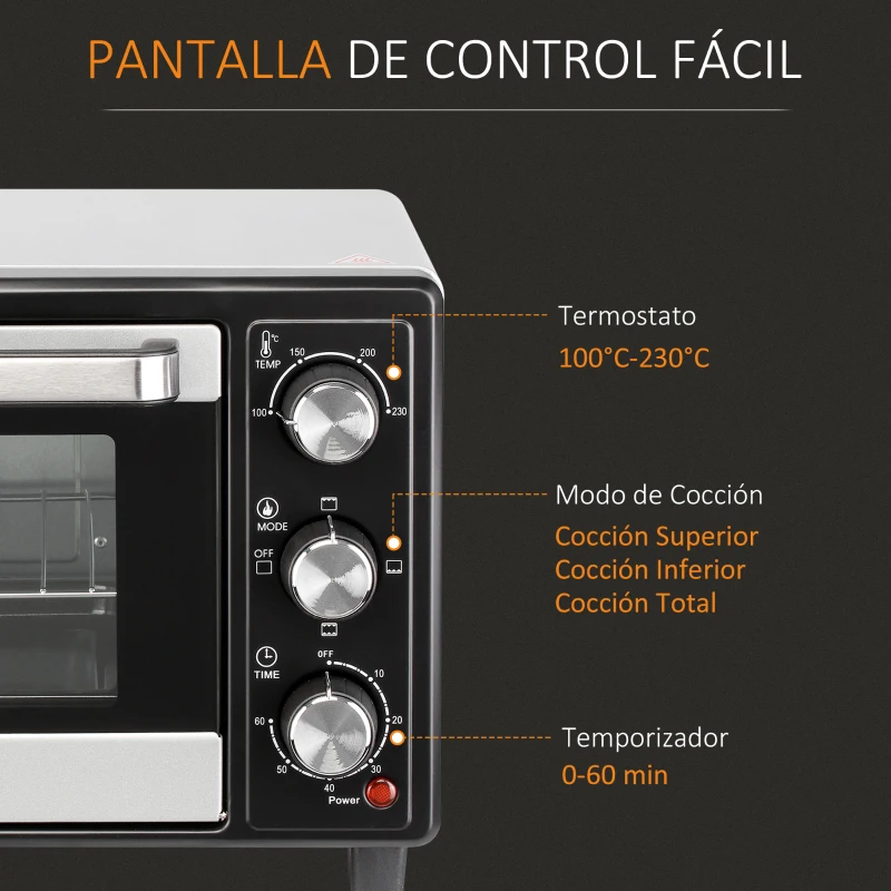 HOMCOM Horno Portátil 16L 1400W con 3 Modos de Calor Temporizador Bandeja de Horneado y Rejilla 44x32x28,1 cm Plata