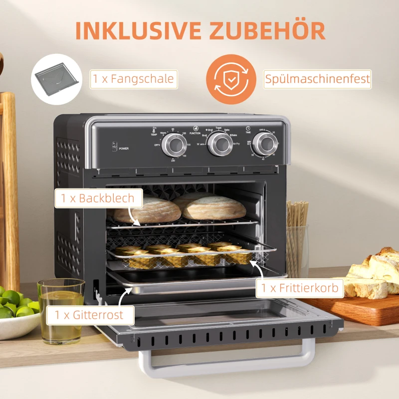 HOMCOM Minibackofen, 20L, 5 Funktionen, 360° Heißluft, Grillrost, Krümelblech, Grau(m-6)